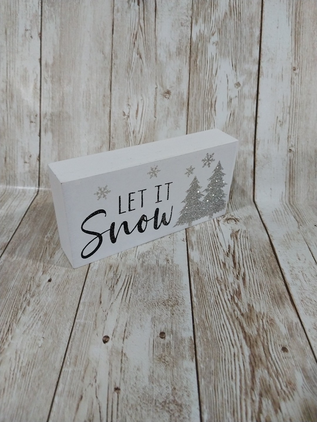 New! “Let It Snow” Snowflake Winter Christmas Wood Sign Decor Trees Tray Glitter