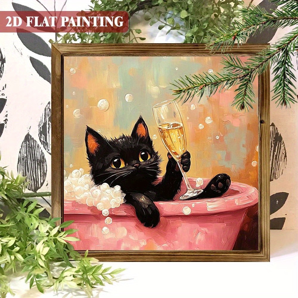 2D Whimsical Wooden Sign Black Cat Bathtub Art for Room Porch Cafe Bar Decor