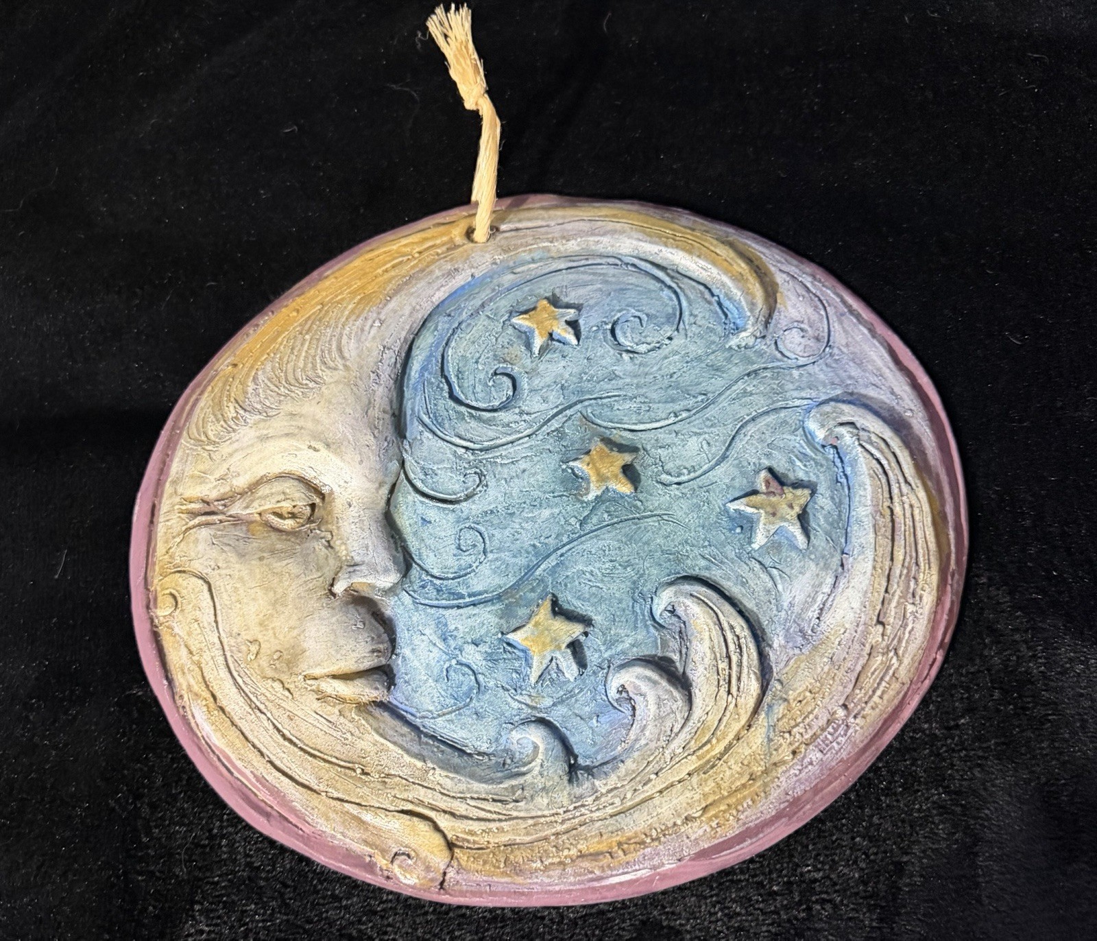 Handmade Sun & Moon Stars Plaster Wall Hanging Plaque, Multicolor, Hand Painted