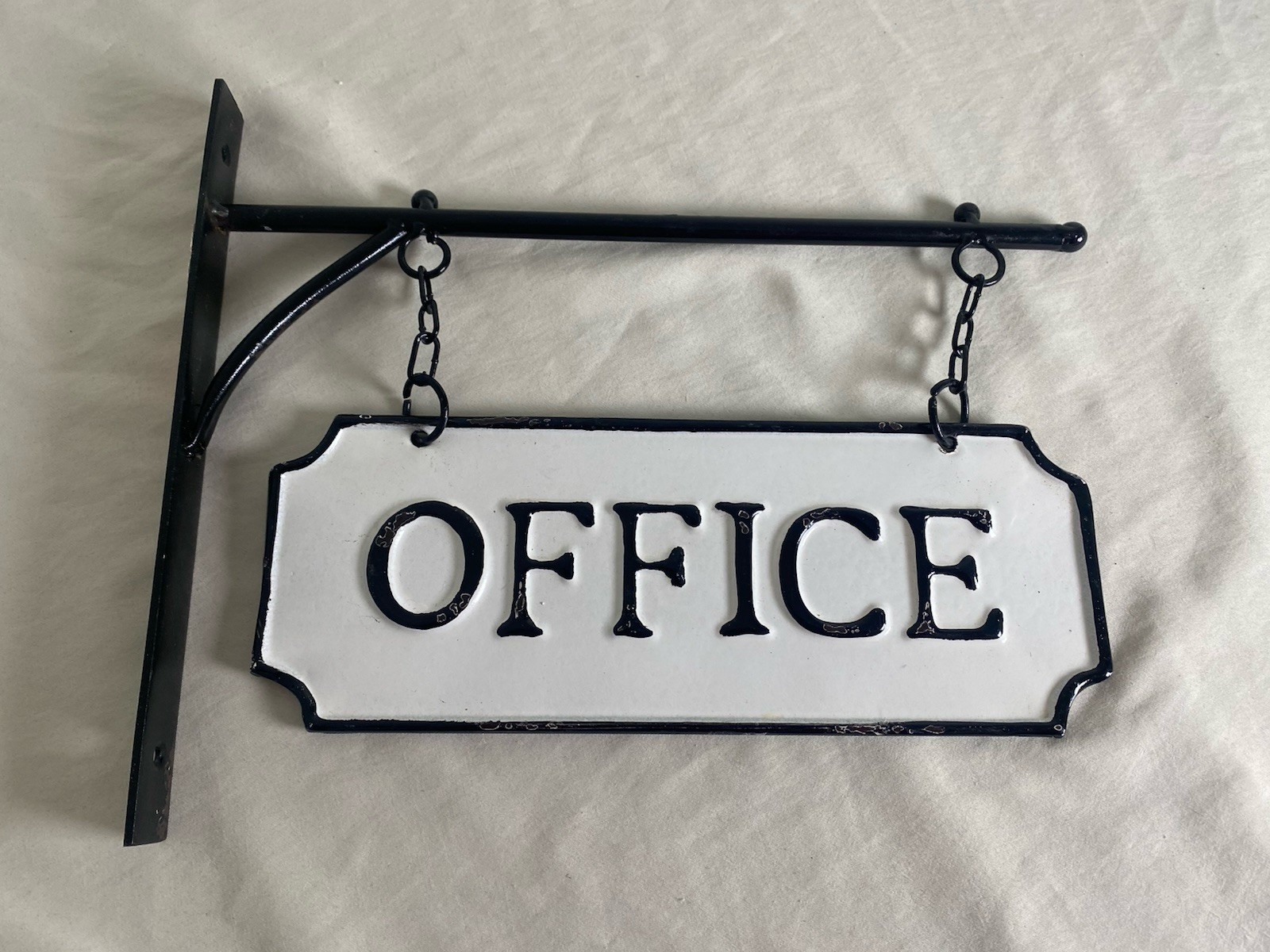 White Enamel 2 Sided Hanging Office Sign Embossed Rustic Wall Decor Primitive