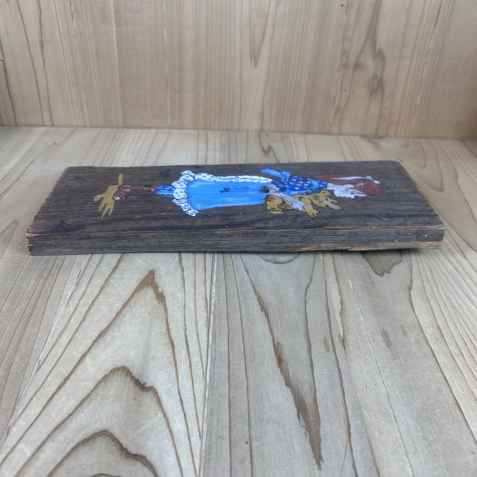 Vintage Barn Wood Art Hand Painted Girl With Teddy Bear 13×5 In