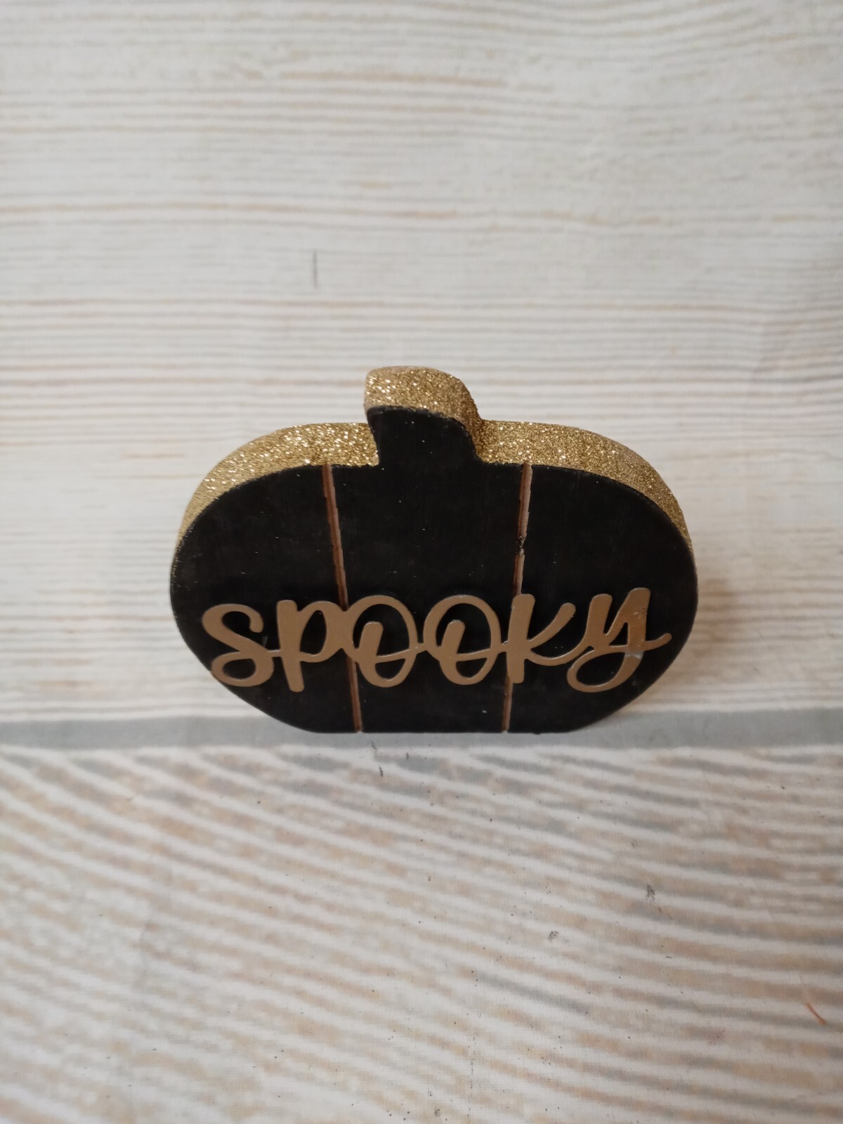 New! “SPOOKY” Glitter Pumpkin Sign FALL Decor Halloween Glam Ghost Black & Gold