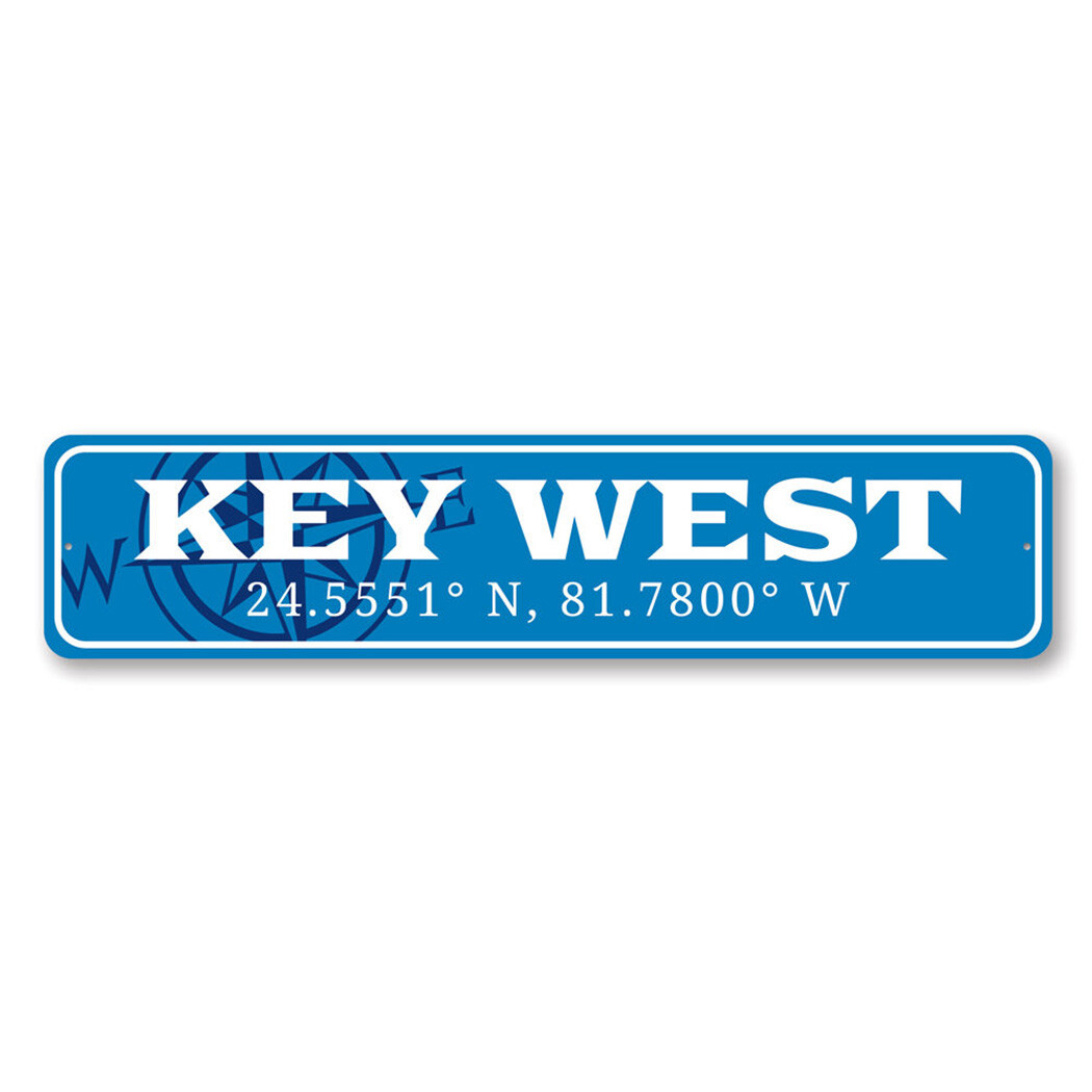 Key West with Coordinates and Compass Design, Beach House Decorative Metal Sign