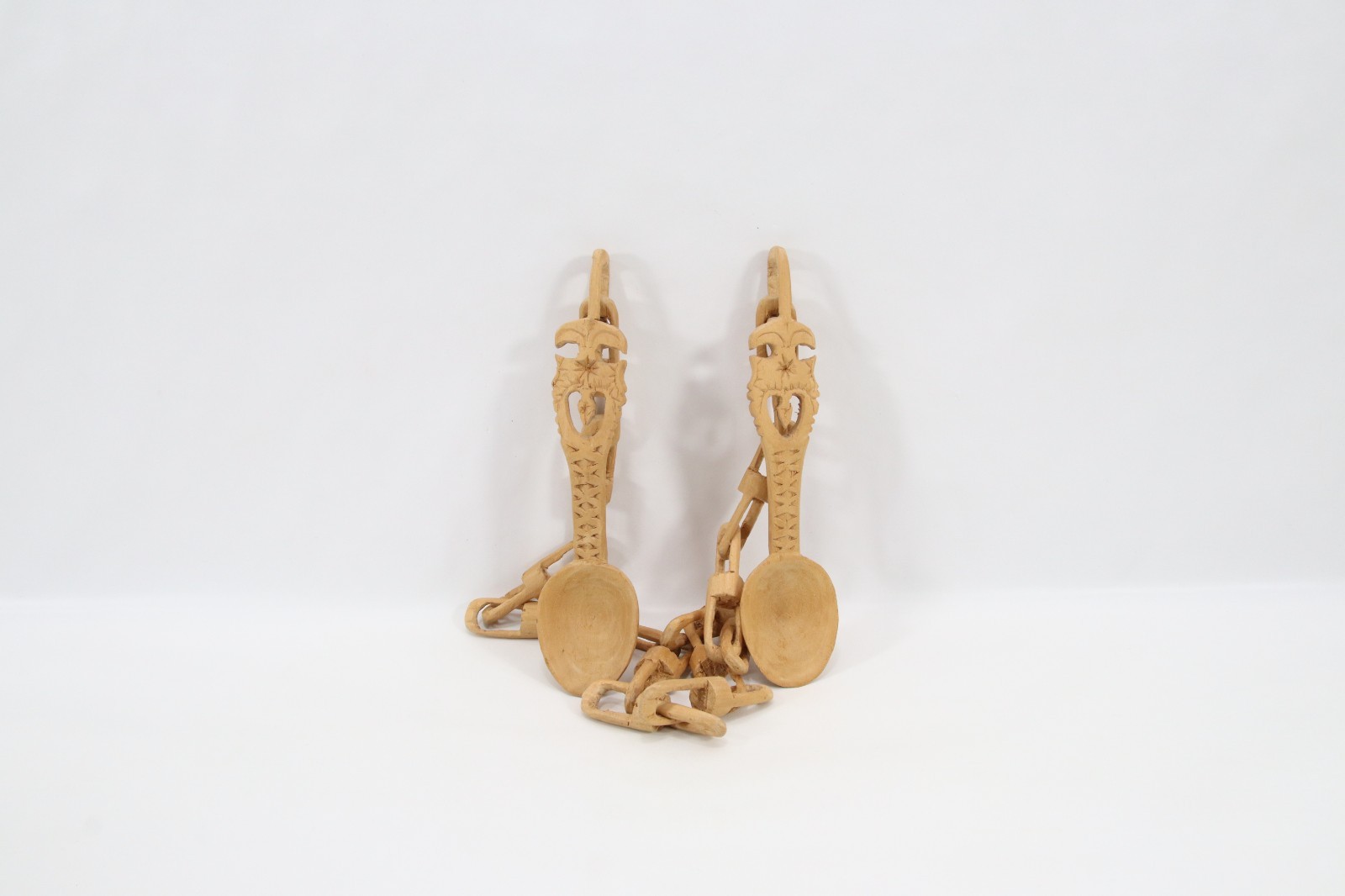 Vintage 1970s Norwegian Wood Wedding Spoons One Piece Linked Chain Folk Art