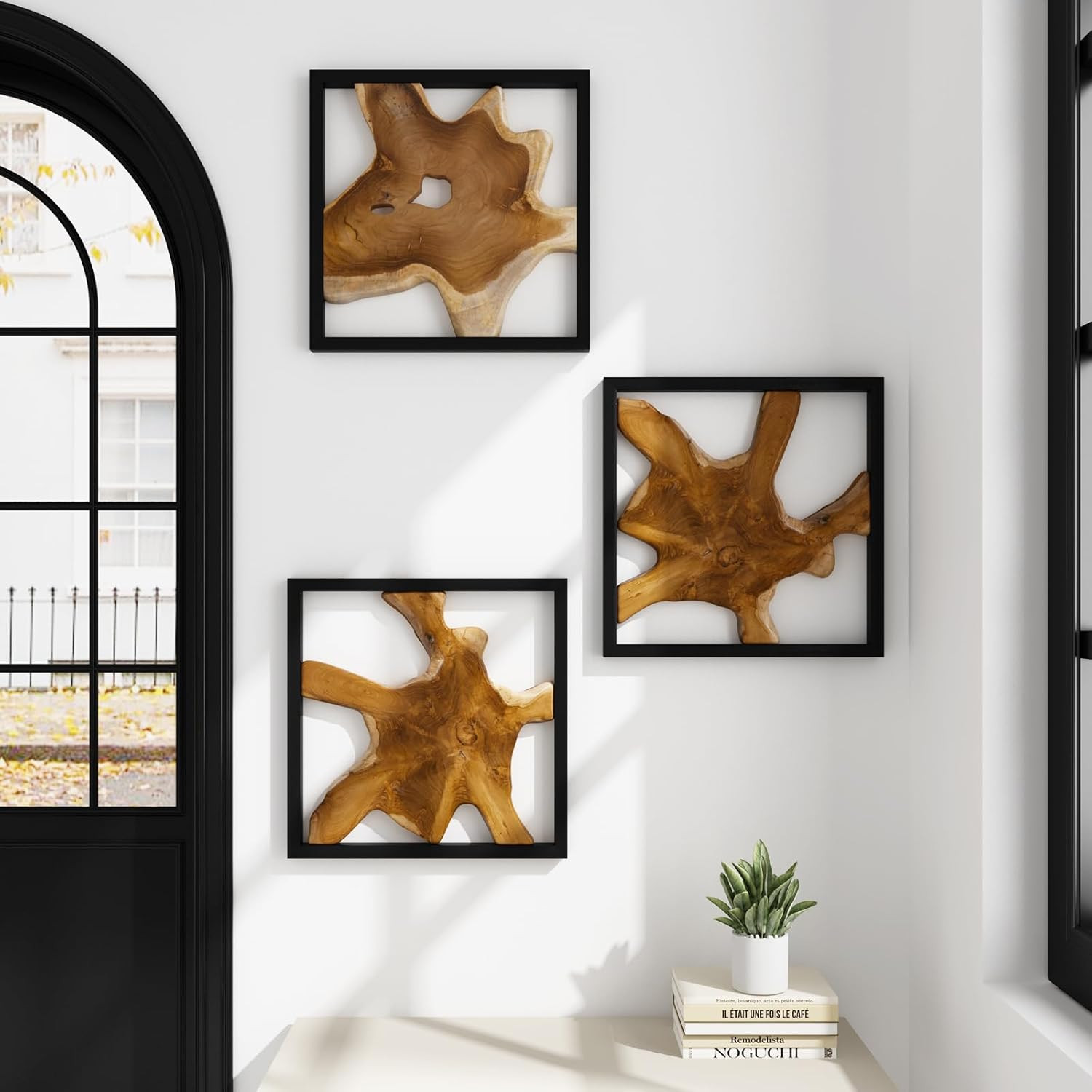 Rustic Live Edge Teak Wood Wall Art – 2 Pack with Black Frame, 17″x17