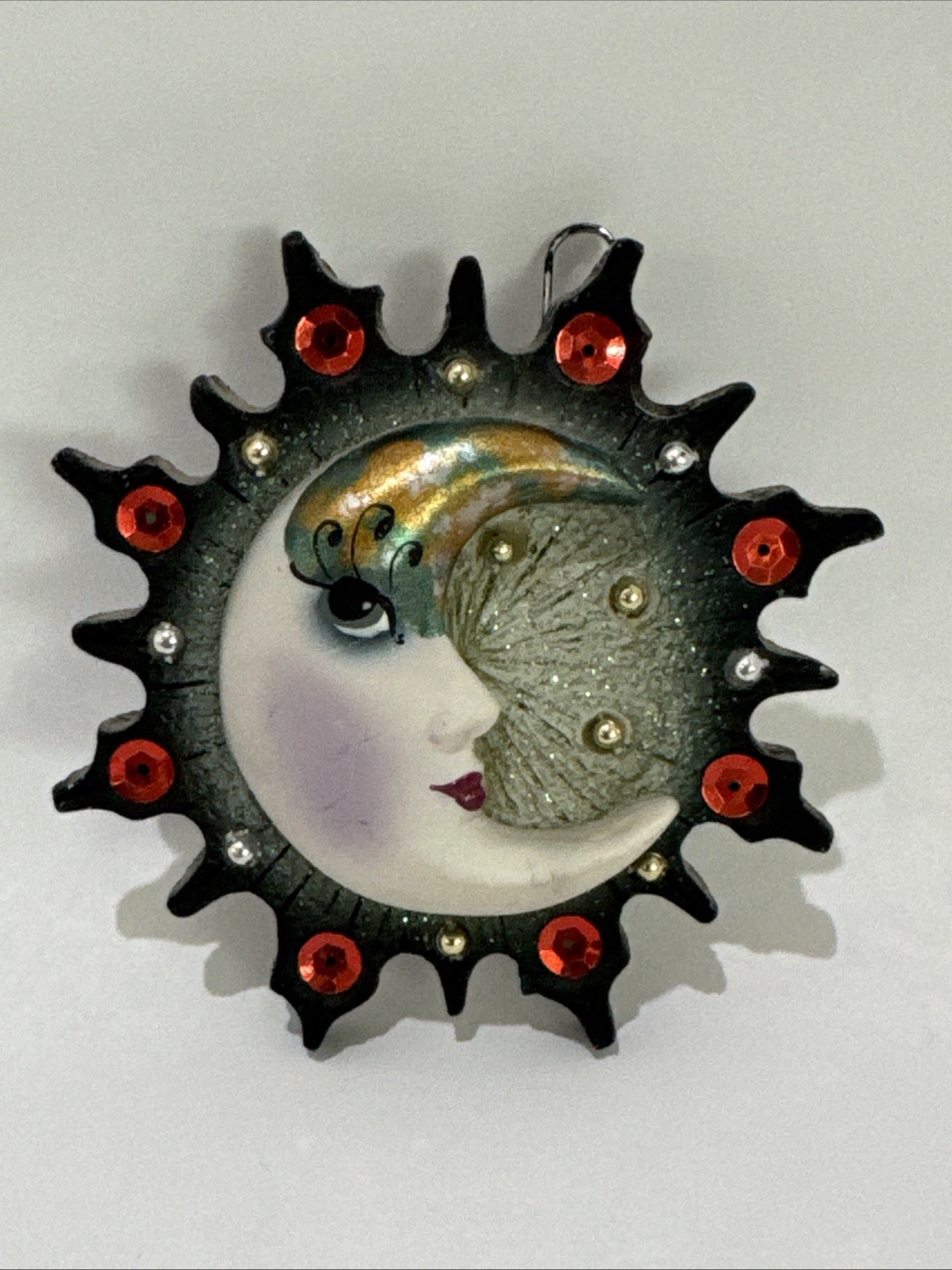 Whimsical Celestial Crescent Moon Face Wall Hanging 3” Green Red Shimmer