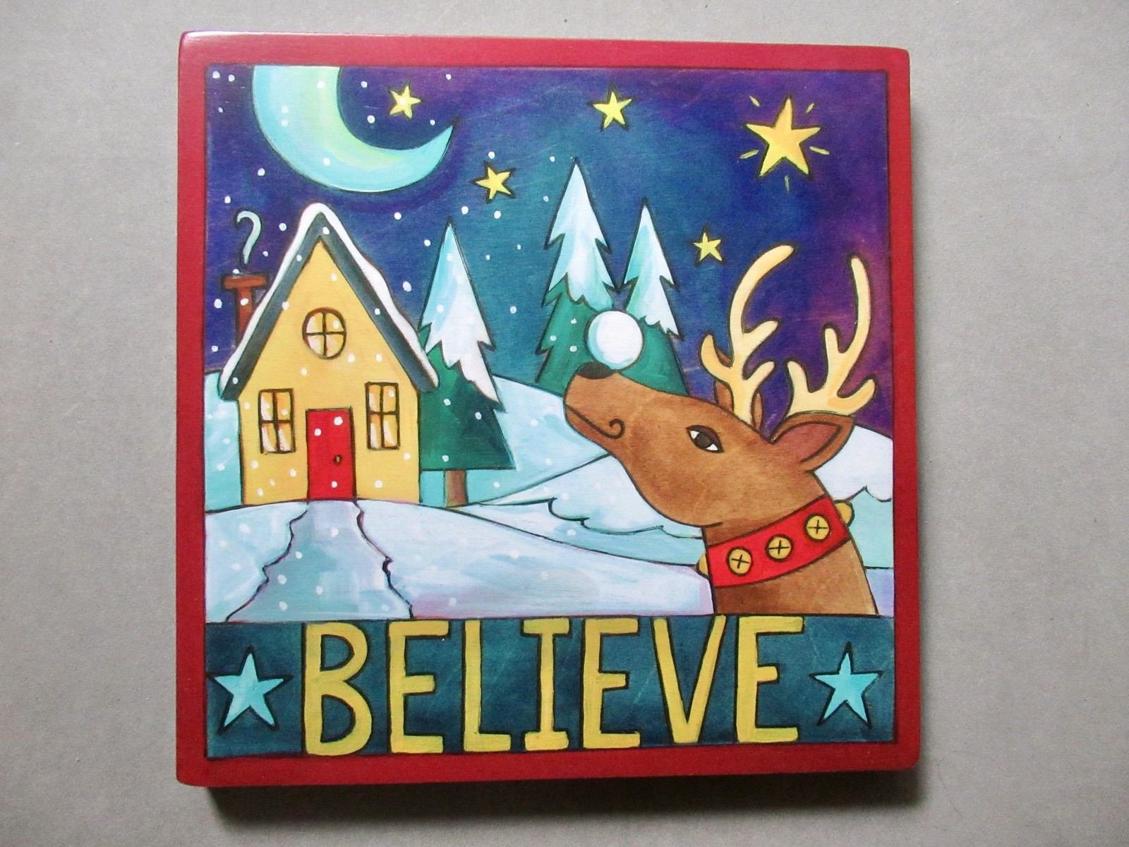 STICKS Handmade Christmas Wall Plaque Believe ‘Up on the Rooftop’ 9×9 in Square