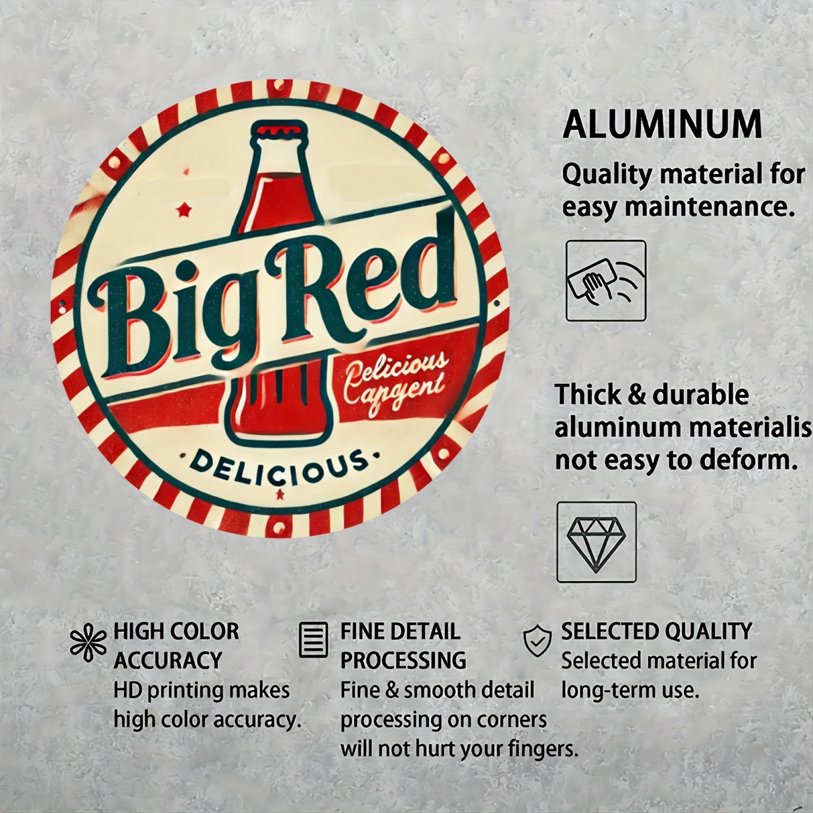 Vintage Big Red Soda Round Tin Metal Sign Aluminum Wall Art 8×8
