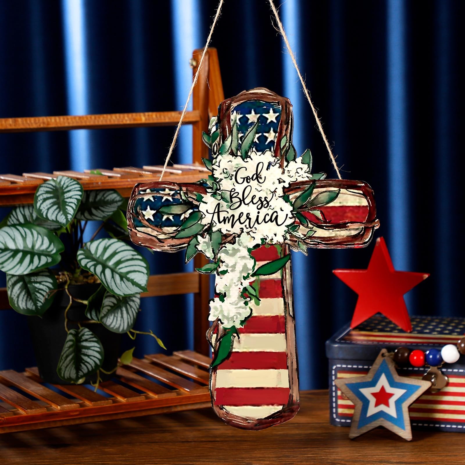 4Th of July Door Sign Patriotic Wreath God Bless American Door Hanger Wooden Pla