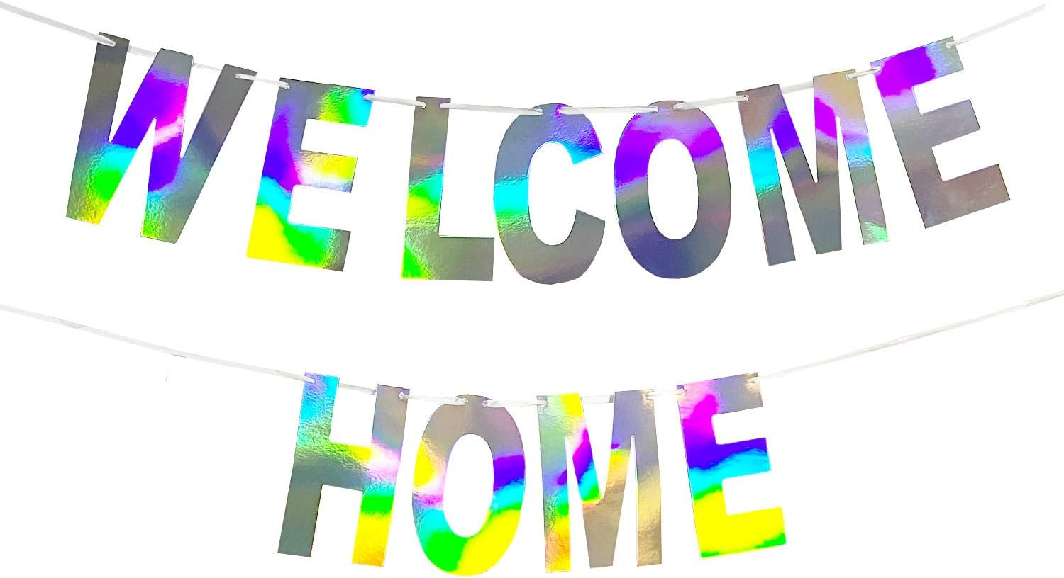 Pre-Strung Holographic WELCOME HOME Banner Decorations Sign, Iridescent Hanging