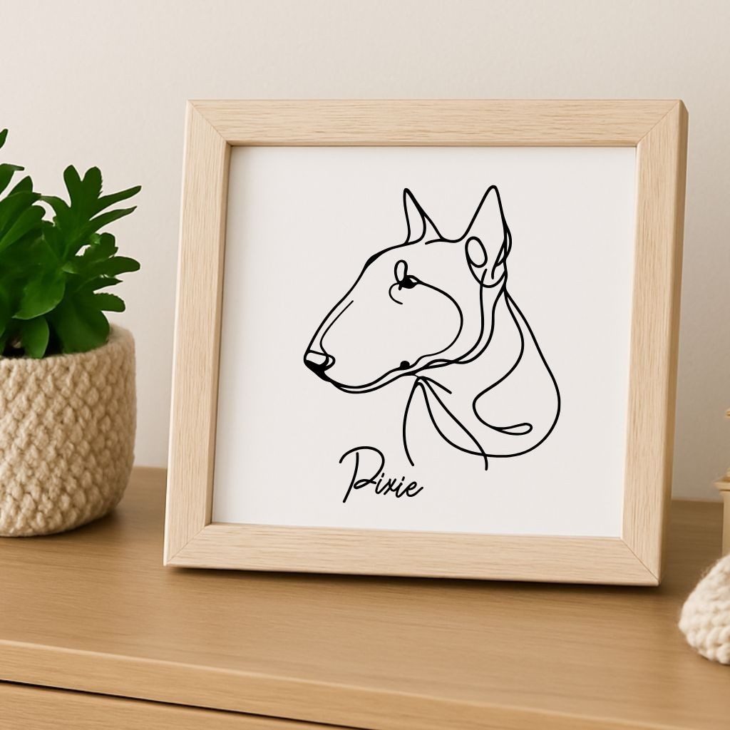 Custom Bull Terrier Dog Portrait on Wood in Frame Personalized Laser Etched Art