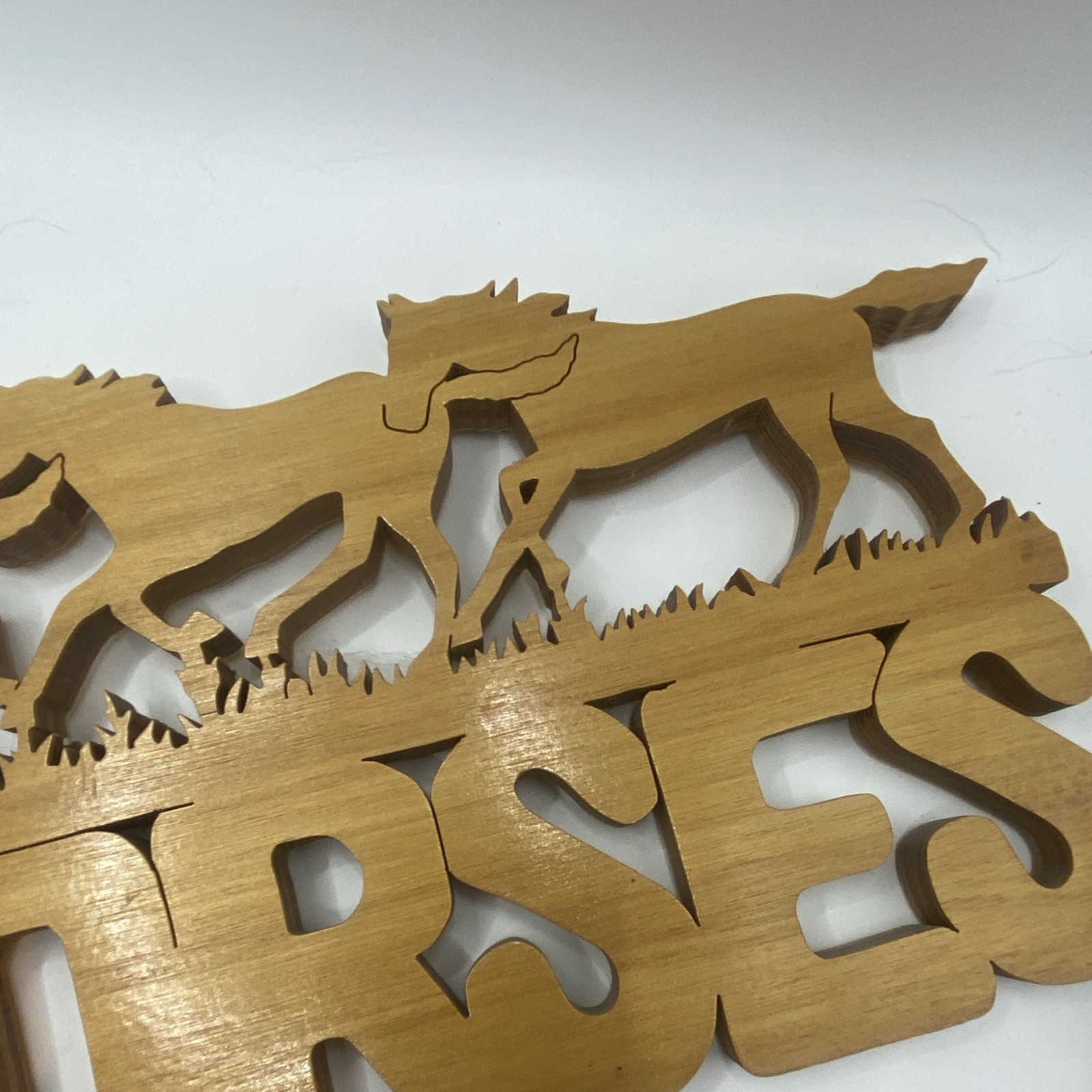 Handcrafted Rustic Brown Wood Hanging Plaque Sign “I Love Horses” Running Horses
