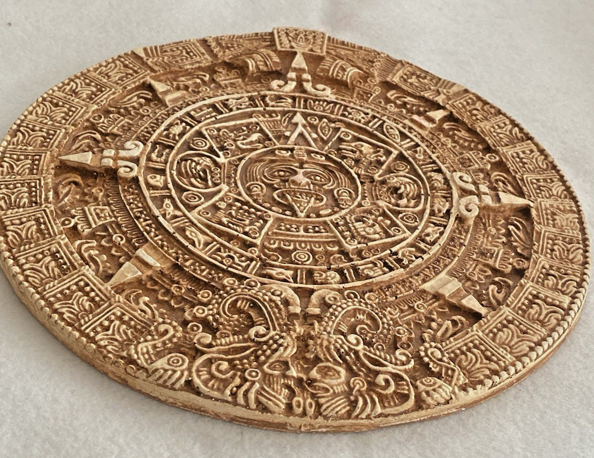 Aztec Calendar Sun Stone Wall Plaque Carved Resin 9 1/2″