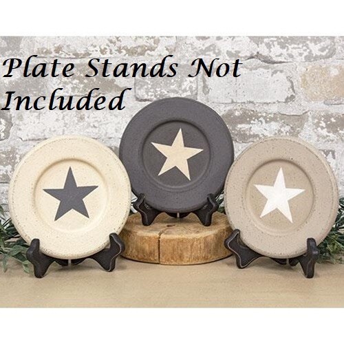 NEW FARMHOUSE Aged PLATES W/ STARS 3 Assorted Wood 6″ W Pewter Gray Beige Ivory
