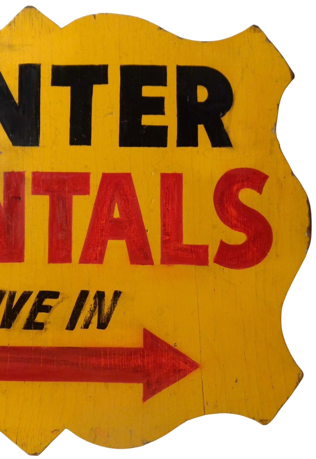 WINTER RENTALS DRIVE IN EARLY-MID 20TH C VINT HAND PAINTED JIG-CUT EDGE WDN SIGN