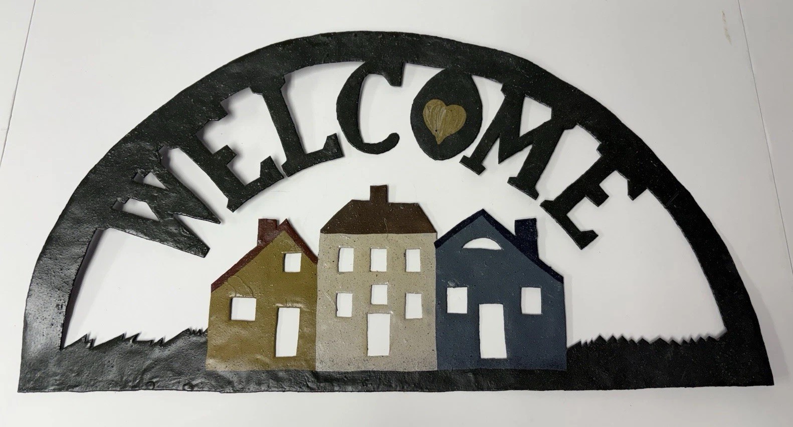 Welcome Sign vintage Folk Art Hand Painted Textured Metal Arch Shape 1980’s Nice