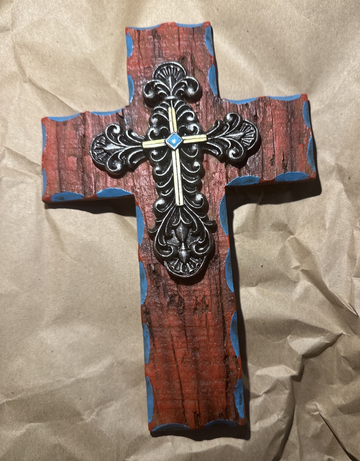Wood-Look Resin Western Wall Cross w/ Silver & Turquoise Color Accents 8.5”