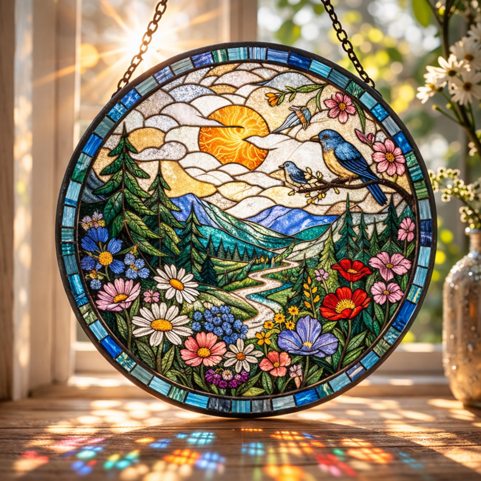 Forest Mountain Stained Glass Suncatcher, Nature Landscape Window Hanging