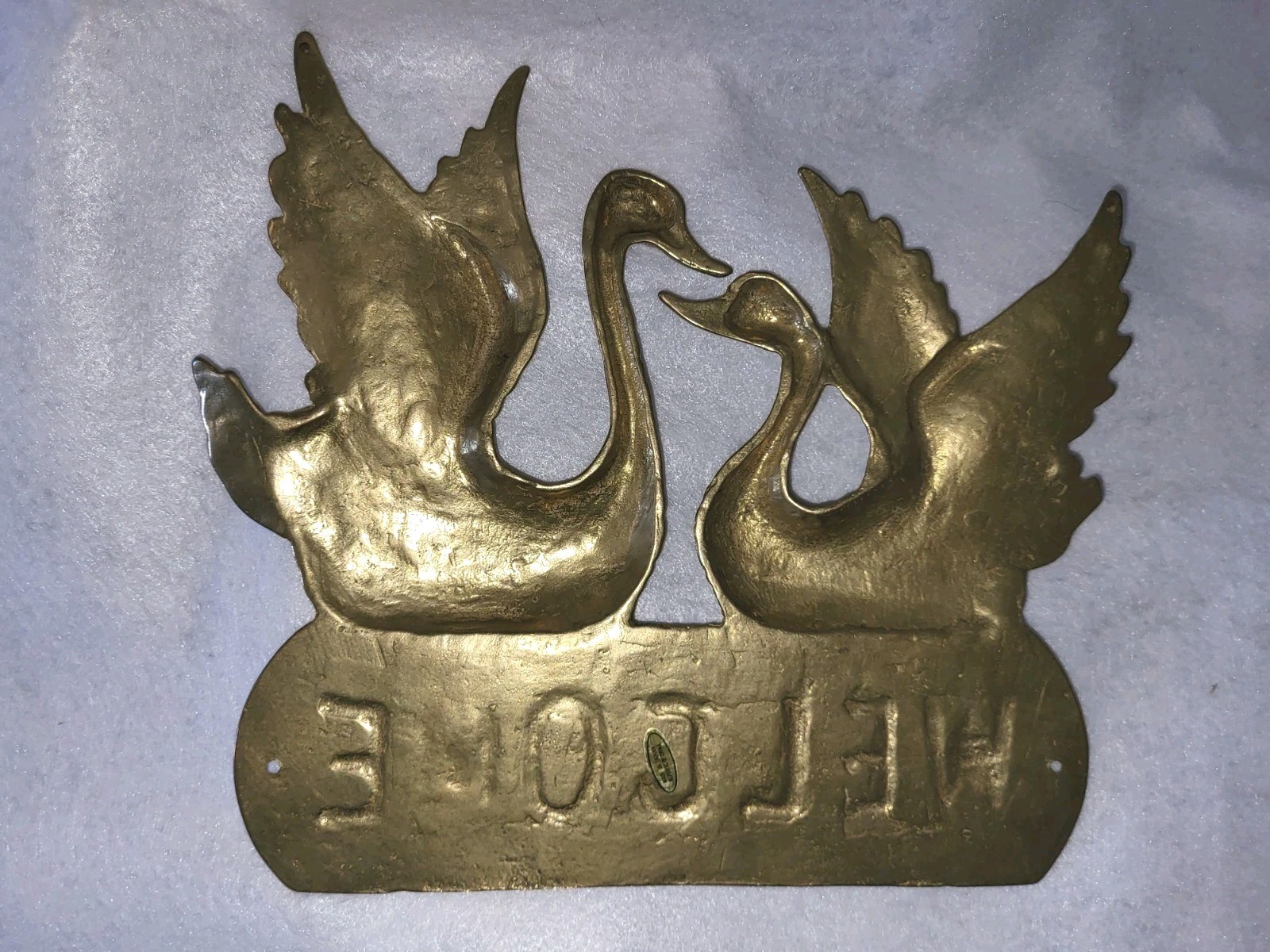 Vintage Solid Heavy Brass Welcome Sign Pair of Swans Door Wall Mount