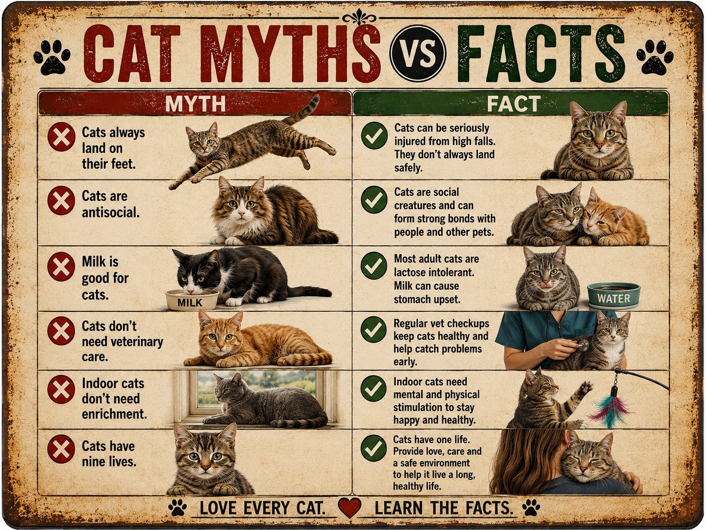 Cat Myths vs Facts Metal Tin Sign Funny Cat Lover Wall Decor Vintage Pet Gift