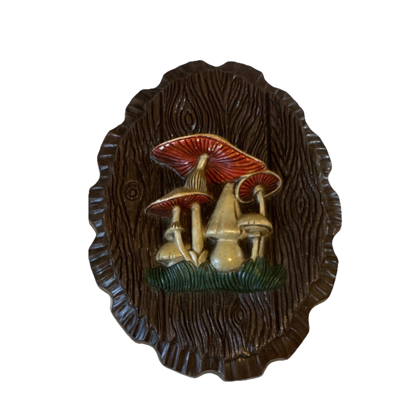 Set of 2 vintage 3D Mushroom Oval Wall Plaques Painted Wood Grain Hanging 70s
