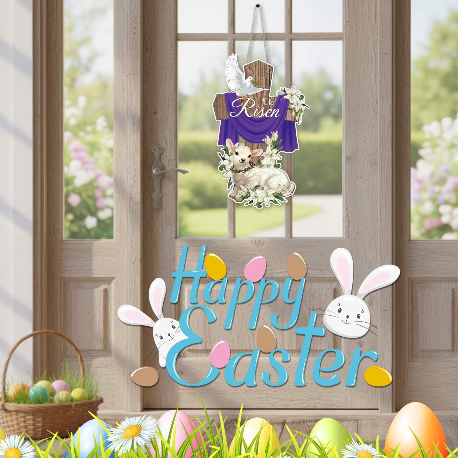 12.6 x 9 Inches He Is Risen Easter Decoration Metal Wreaths for Front Door Wa…