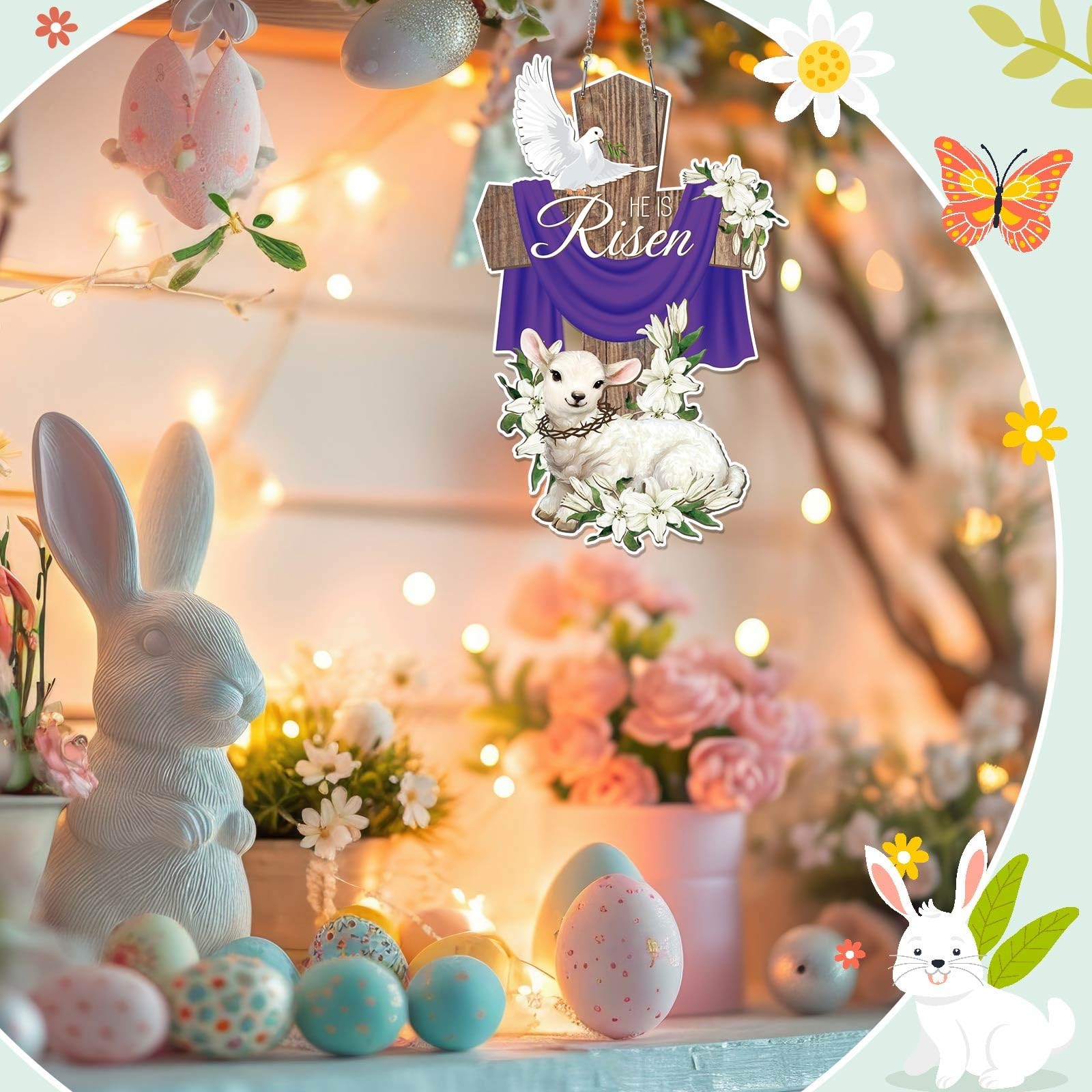 12.6 x 9 Inches He Is Risen Easter Decoration Metal Wreaths for Front Door Wa…