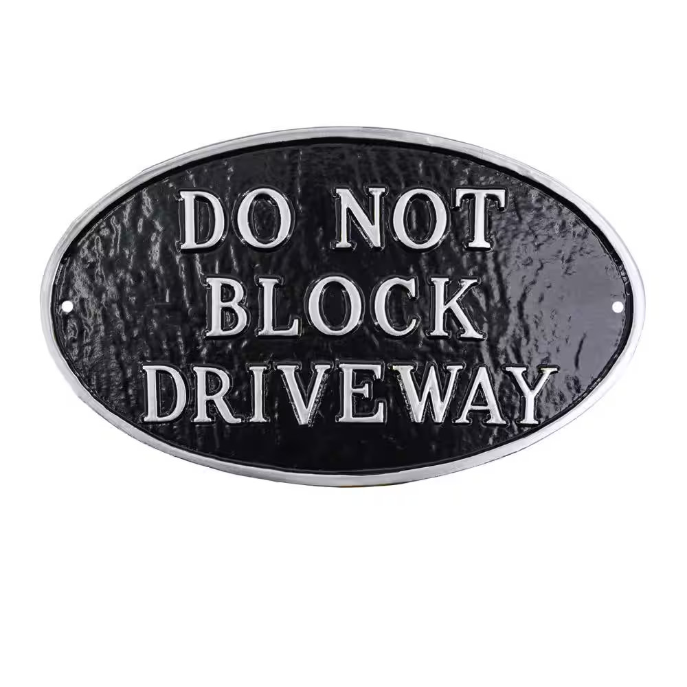6 In. X 10 In. Small Oval Do Not Block Driveway Statement Plaque Sign-Black/Silv