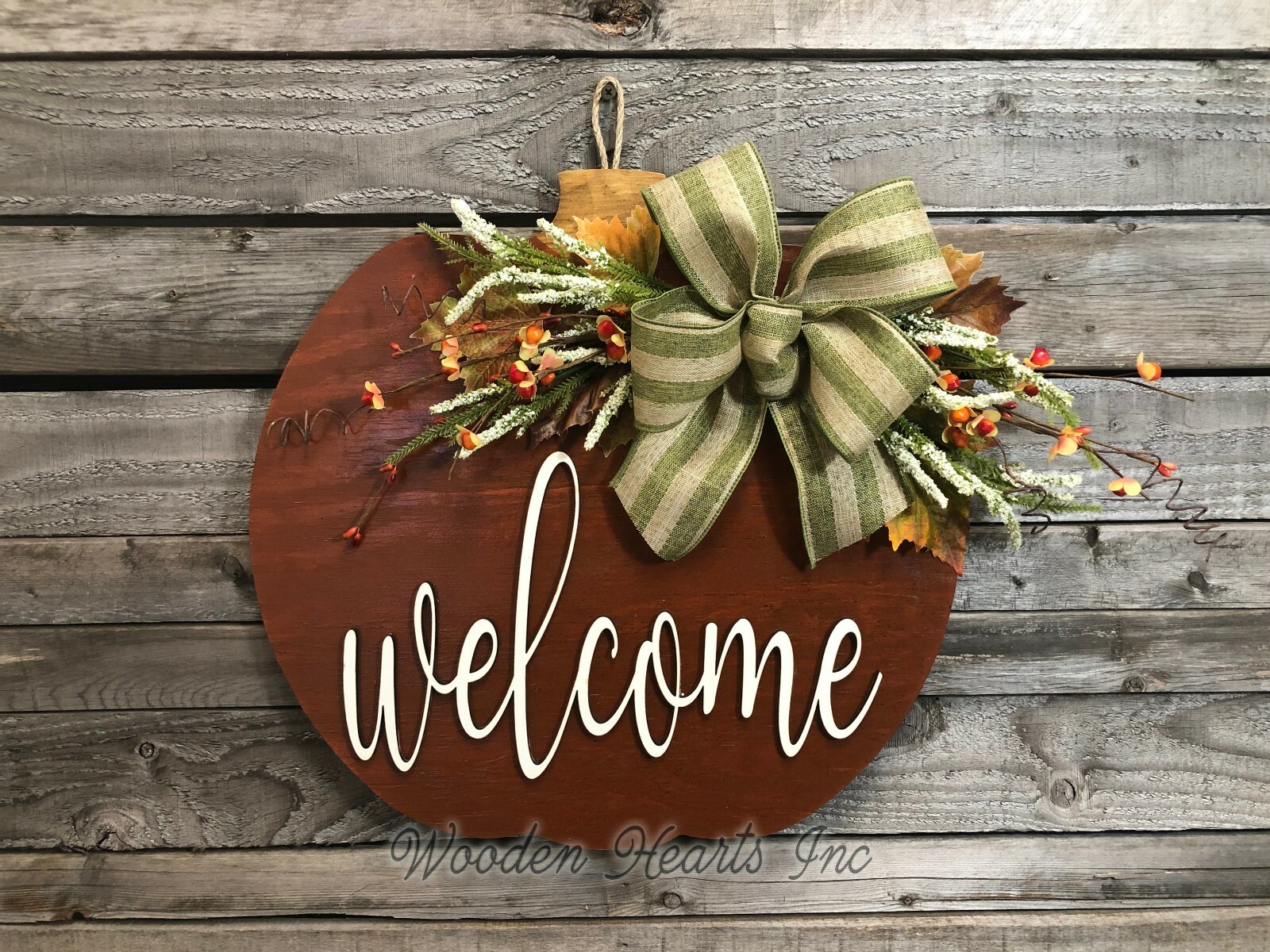 Welcome FALL Pumpkin Shaped Door Sign 16″ Orange Wood Sage Stripe Bow