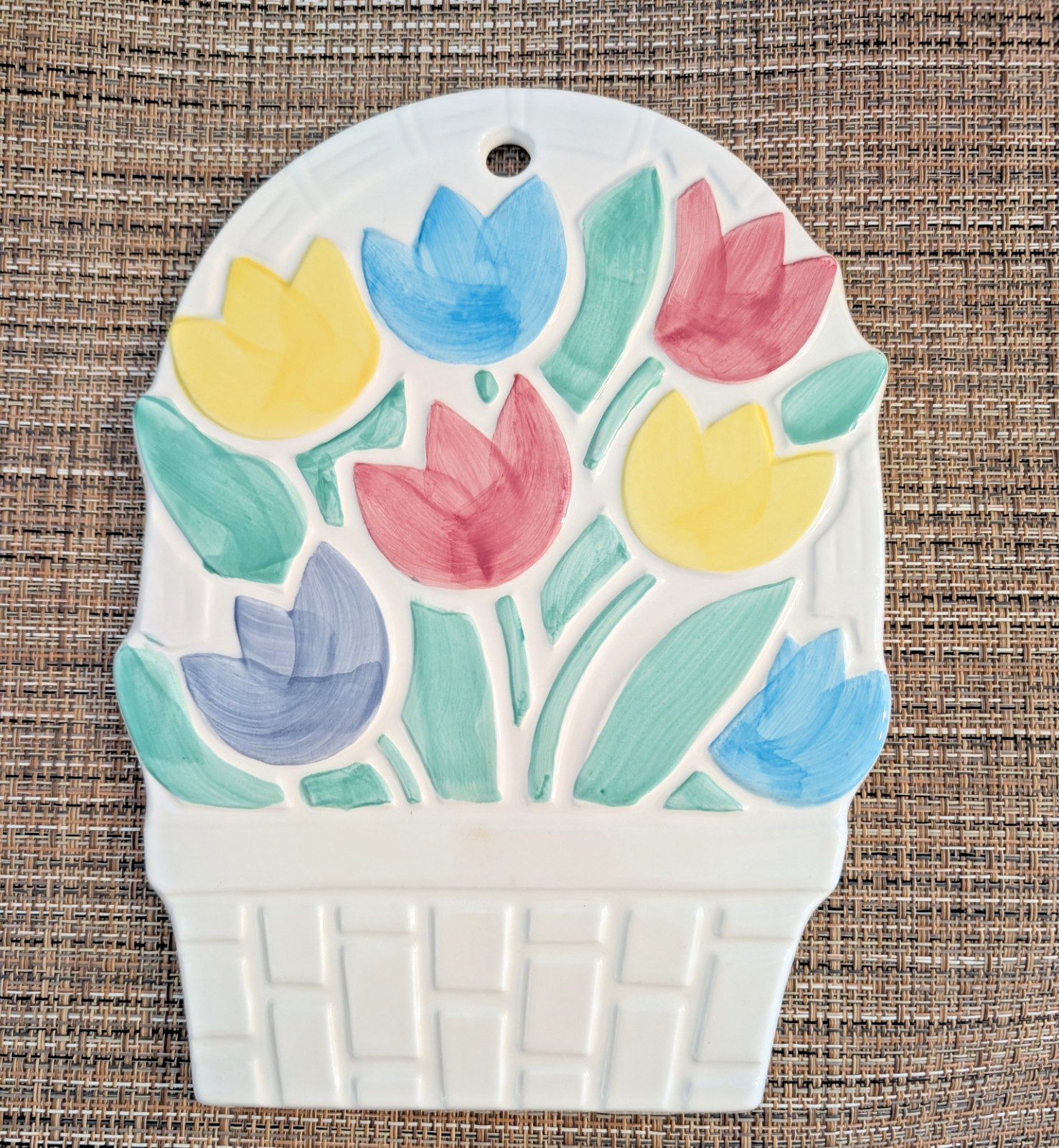 Vintage Japan Ceramic Tulips In Basket Hanging Wall Plaque-Spring Summer Decor
