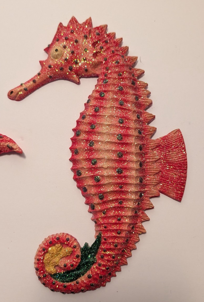 Vtg Seahorse Starfish Wall Plaques Orange Glitter Coastal Beach House Decor