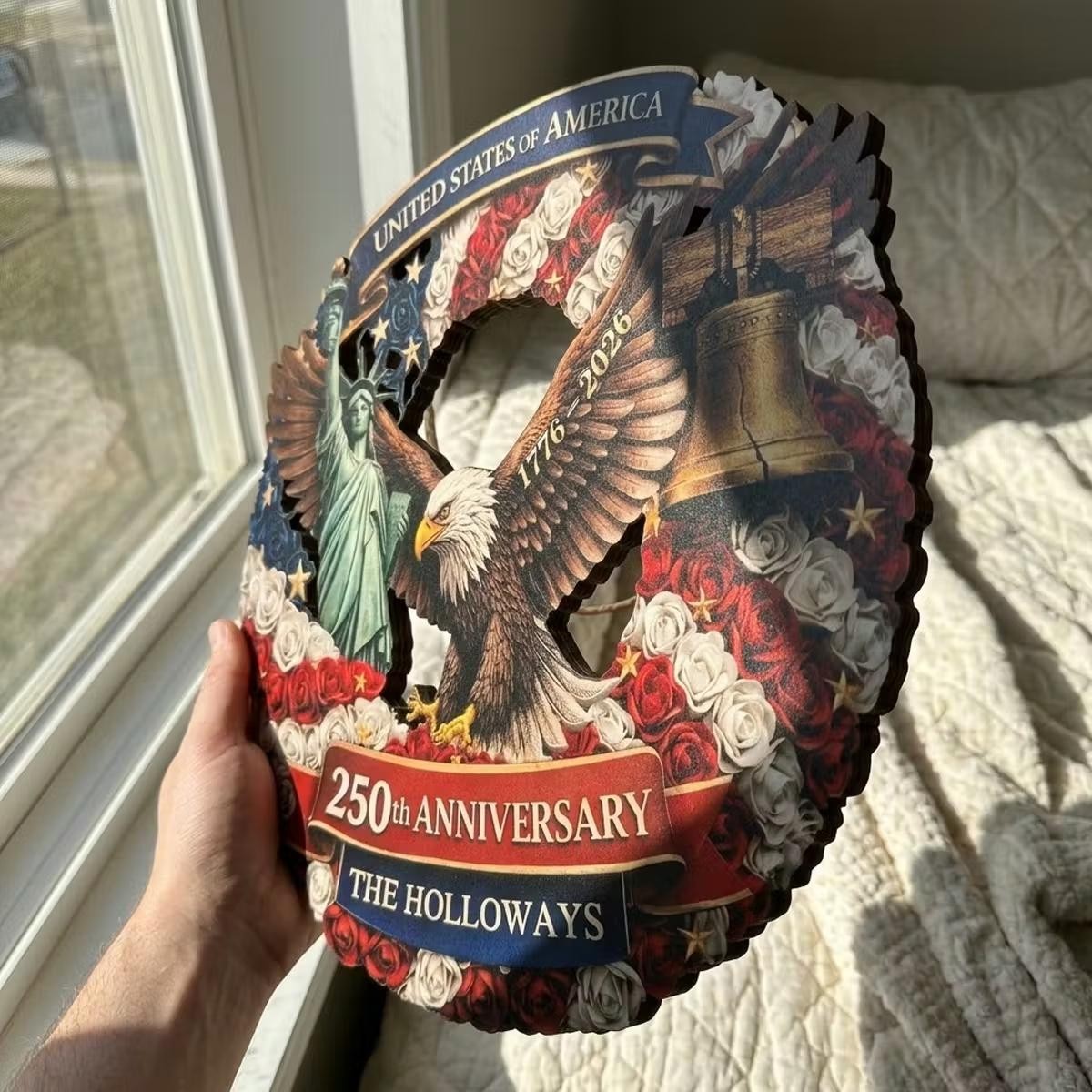 Personalized America 250th Anniversary Wood Wreath – Patriotic Eagle Door Sign,