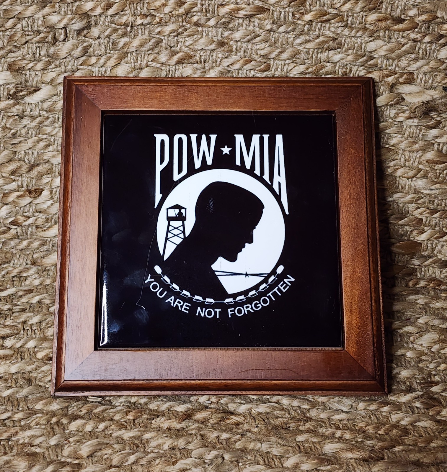 Military Wood Ceramic Tile POW MIA Wall Plague “You Are Not Forgotten” 8.25″