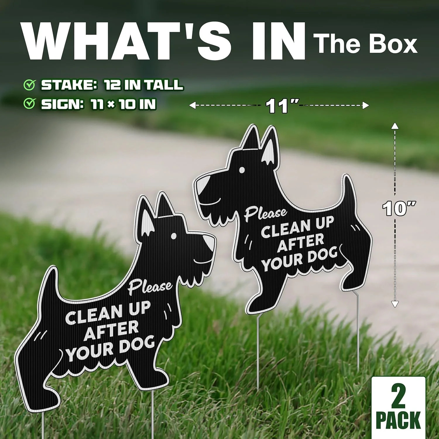 Clean Up After Your Dog Signs with Stakes, 11 x 10 Inch Black Dog Shaped Double