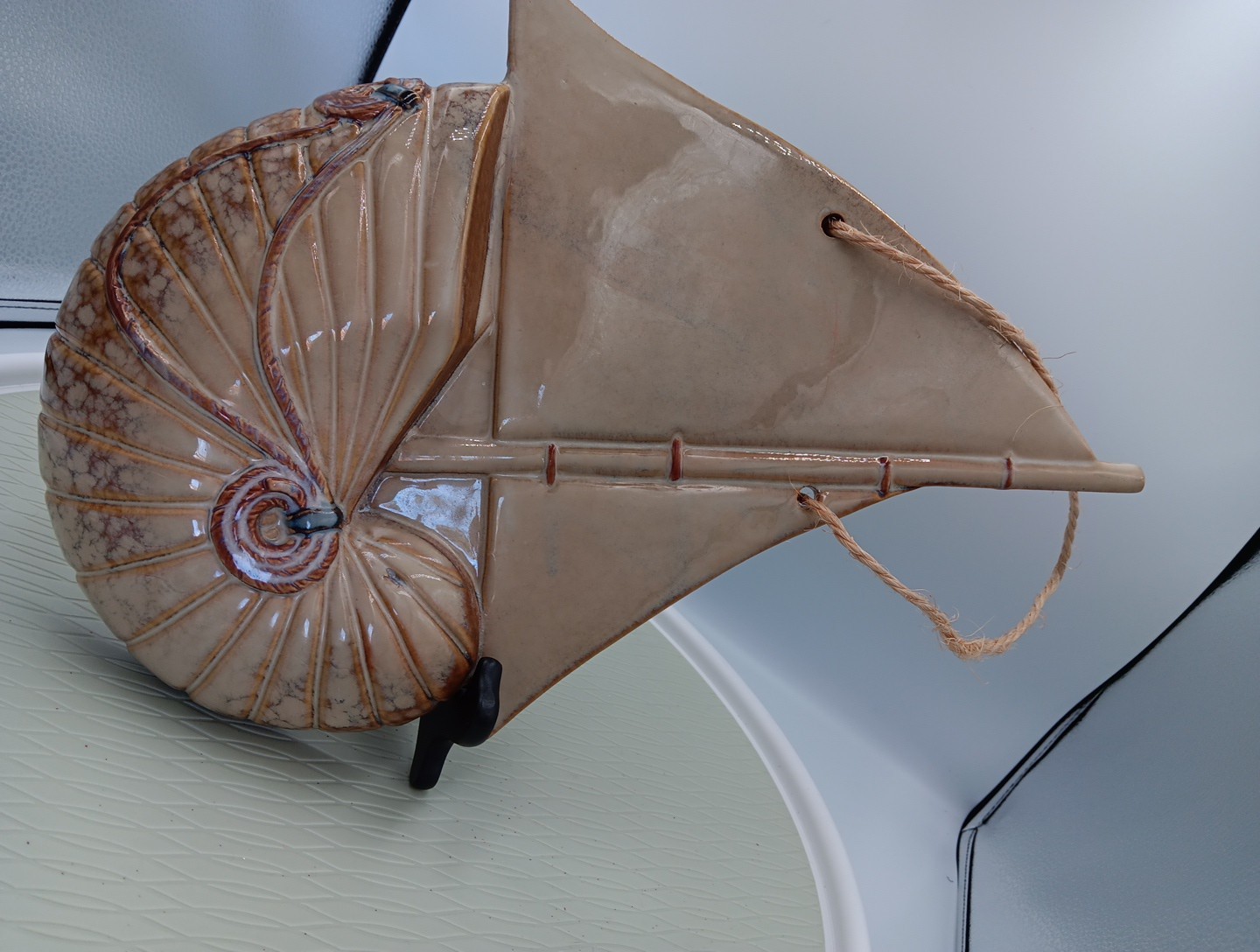 BEIGE/Brown Glaze Ceramic NAUTILUS Sea Shell SAILBOAT Ship WALL PLAQUE 15½”