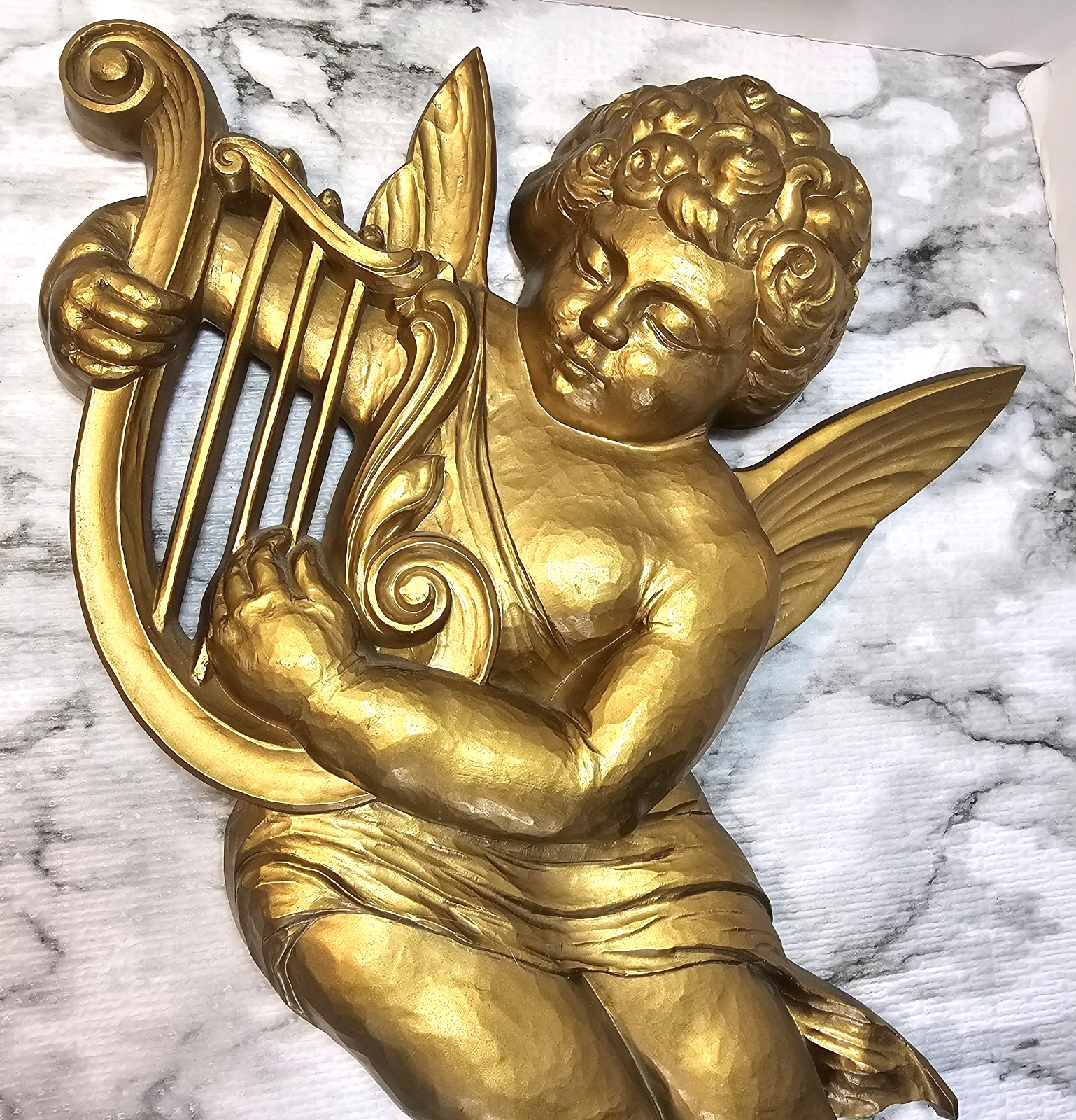 Pair 1963 LARGE Gold Musical Cherubs Angels Wall Plaques Dart 16″ Tall Vintage