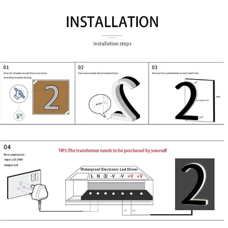 Metal Illuminated LED Lighted Letter Address Plaque House Number Sign Logo