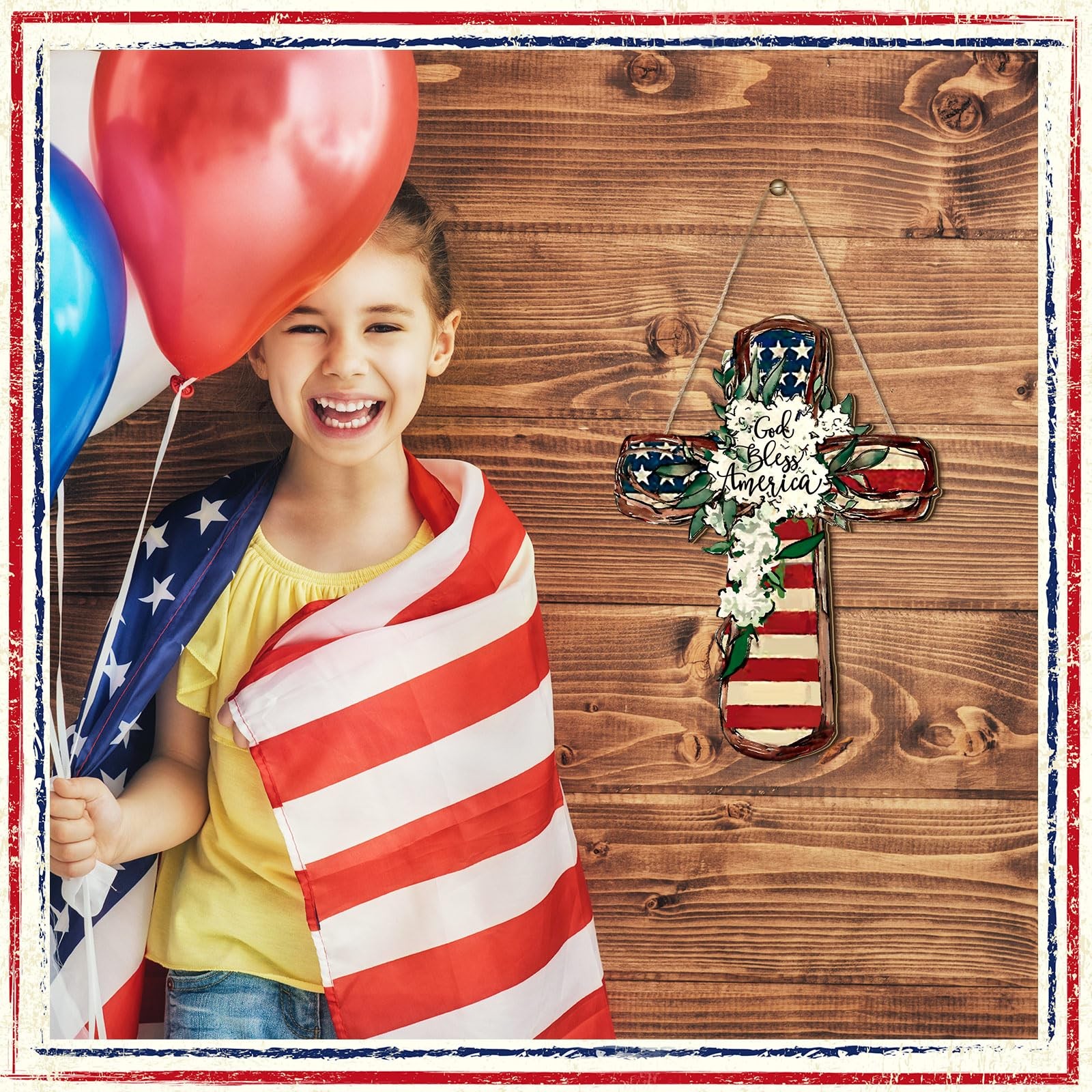4Th of July Door Sign Patriotic Wreath God Bless American Door Hanger Wooden Pla