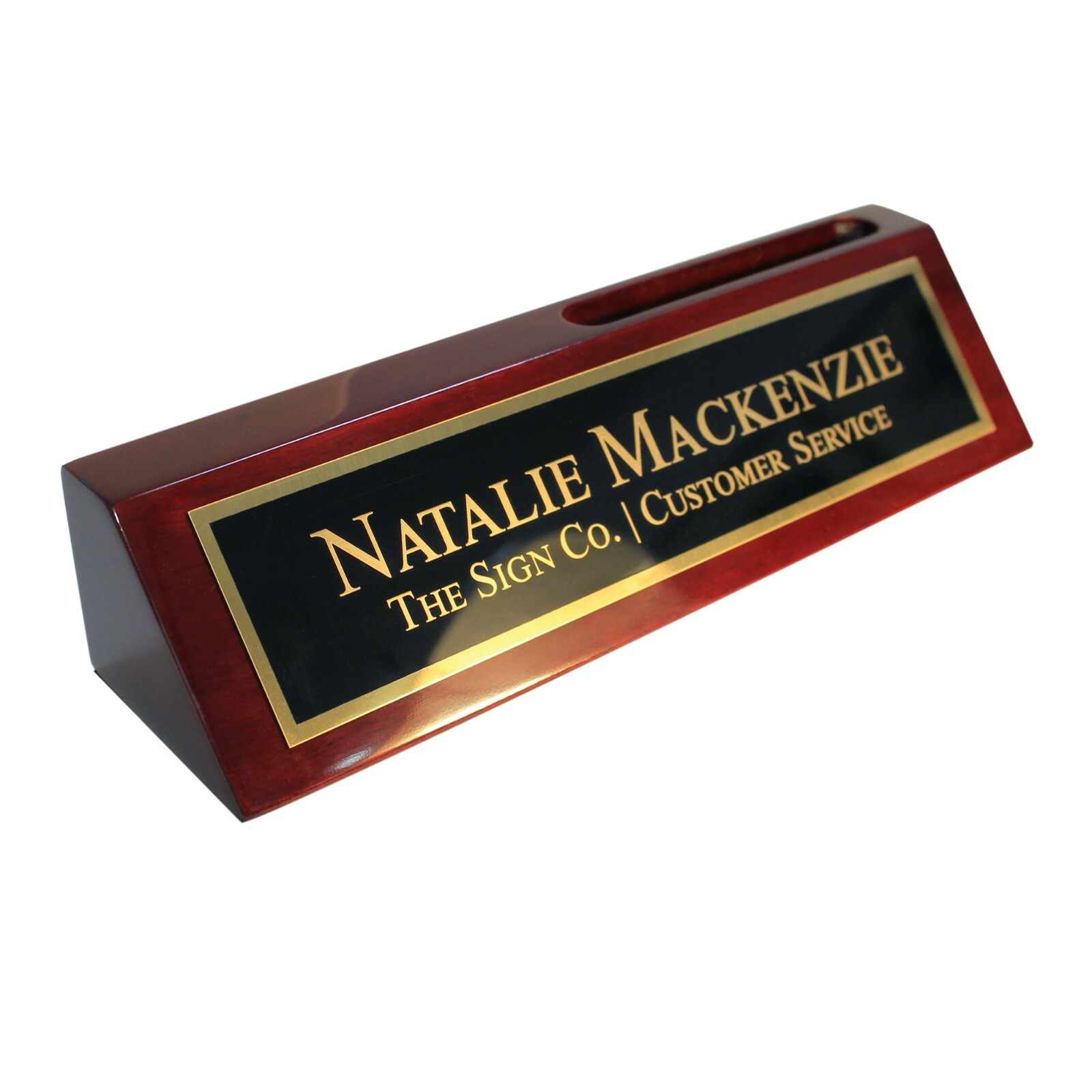 Engraved Custom Desk Name Plate, with Rosewood Piano Finish and Card Holder