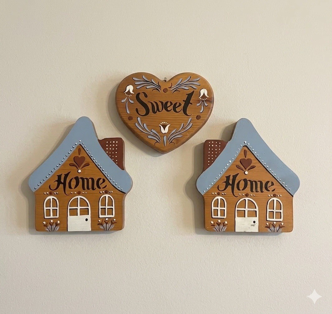 VTG Homco Wood Home Sweet Home Wall Decor 3 Pc Set Country House Heart Plaque