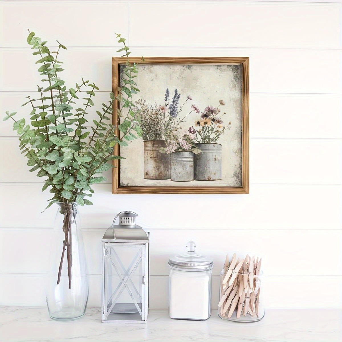 2D Vintage Dry Flower Wall Art Rustic Wood Frame Farmhouse Room Kitchen Decor