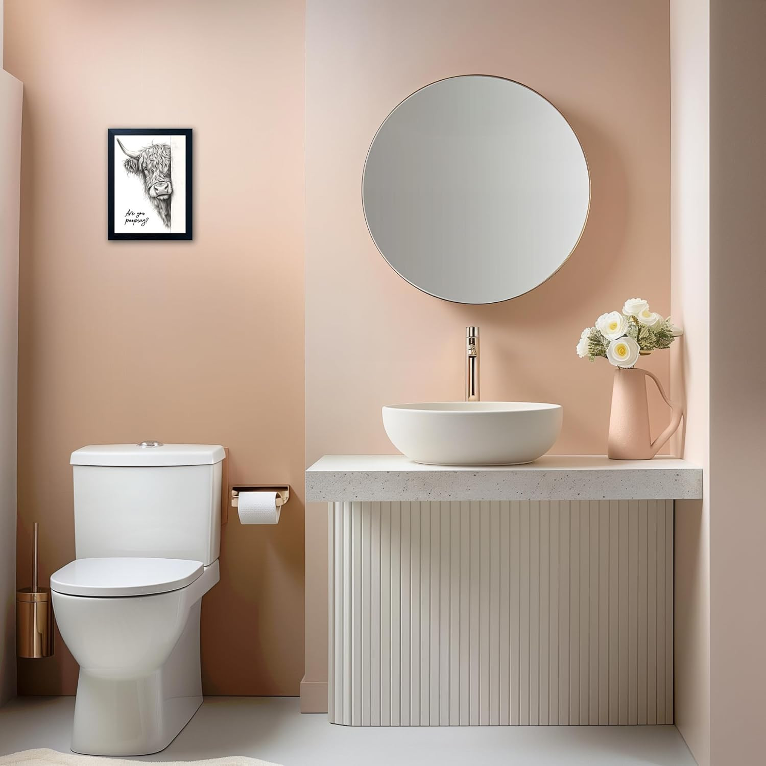 Arte de pared divertido de vaca para baño decoracion rustica con marco negro