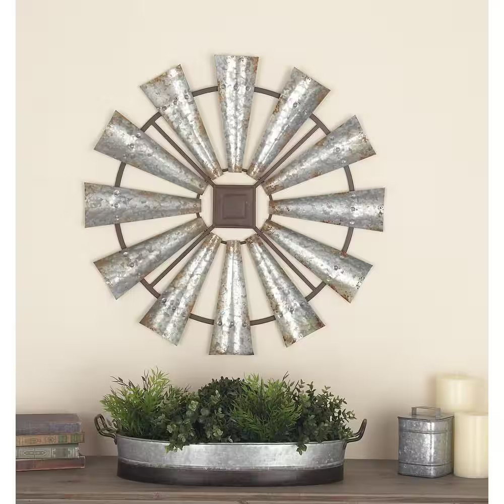 30 In. X 30 In. Metal Silver Windmill Wall Decor