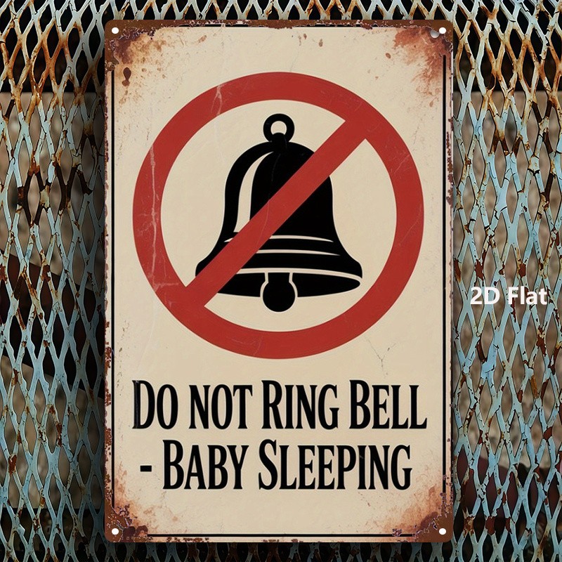 Distressed metal sign featuring no-ring bell graphic for nursery entrance decor