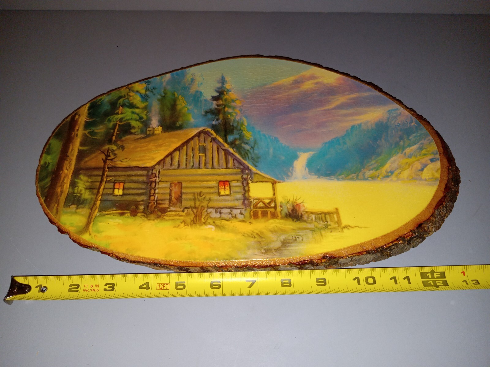 Rustic Log Cabin Landscape on Natural Wood Slice Wall Hanging