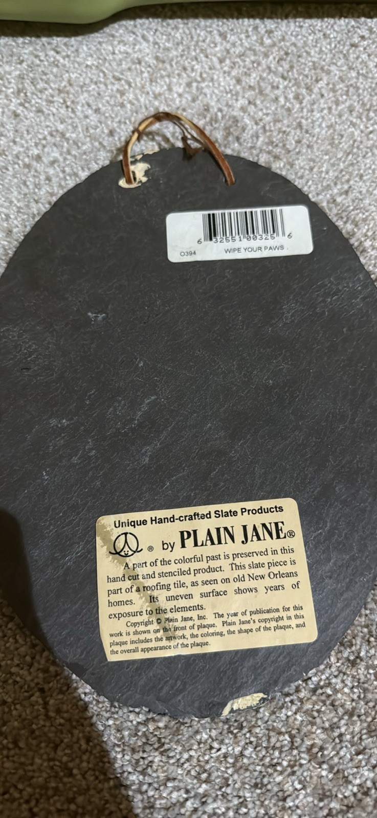 Plain Jane Slate Hanging Plaque “Wipe Your Paws” Cat Design Oval