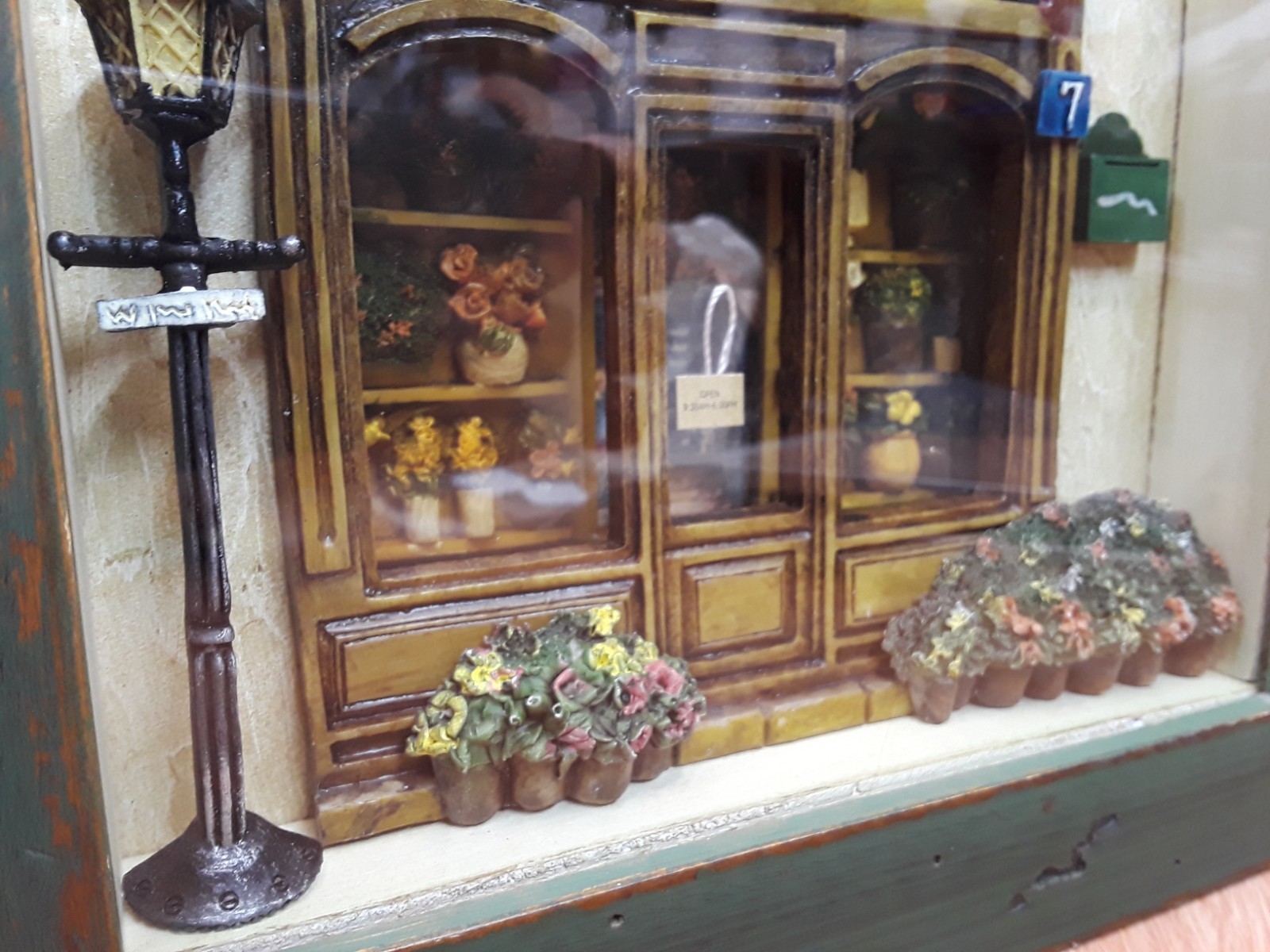Vintage Flower Shop Shadow Box 3D Wood Glass Green Distressed Frame Wall Hanging