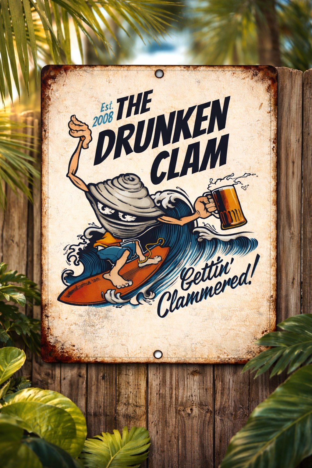 The Drunken Clam Tin Sign Surfing Clam Beer Bar Decor Beach Pub 8×12 Wall Art