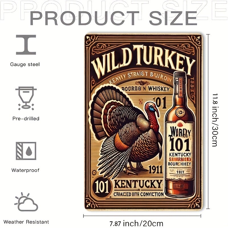 2D Flat, 1pc Wild Turkey Bourbon Whiskey Vintage Metal Tin Sign – Retro Bourbon