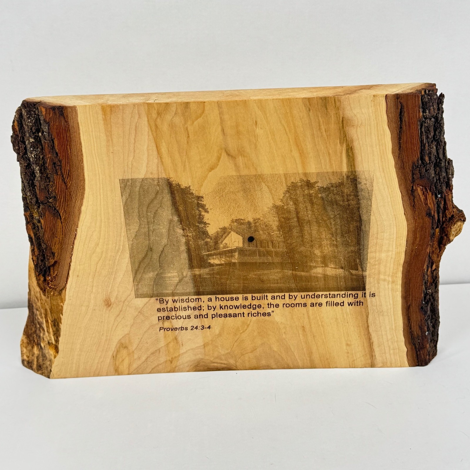 Christian Wood Plaque Proverbs 24:3-4 Etching Rustic Decor Farmhouse Bark